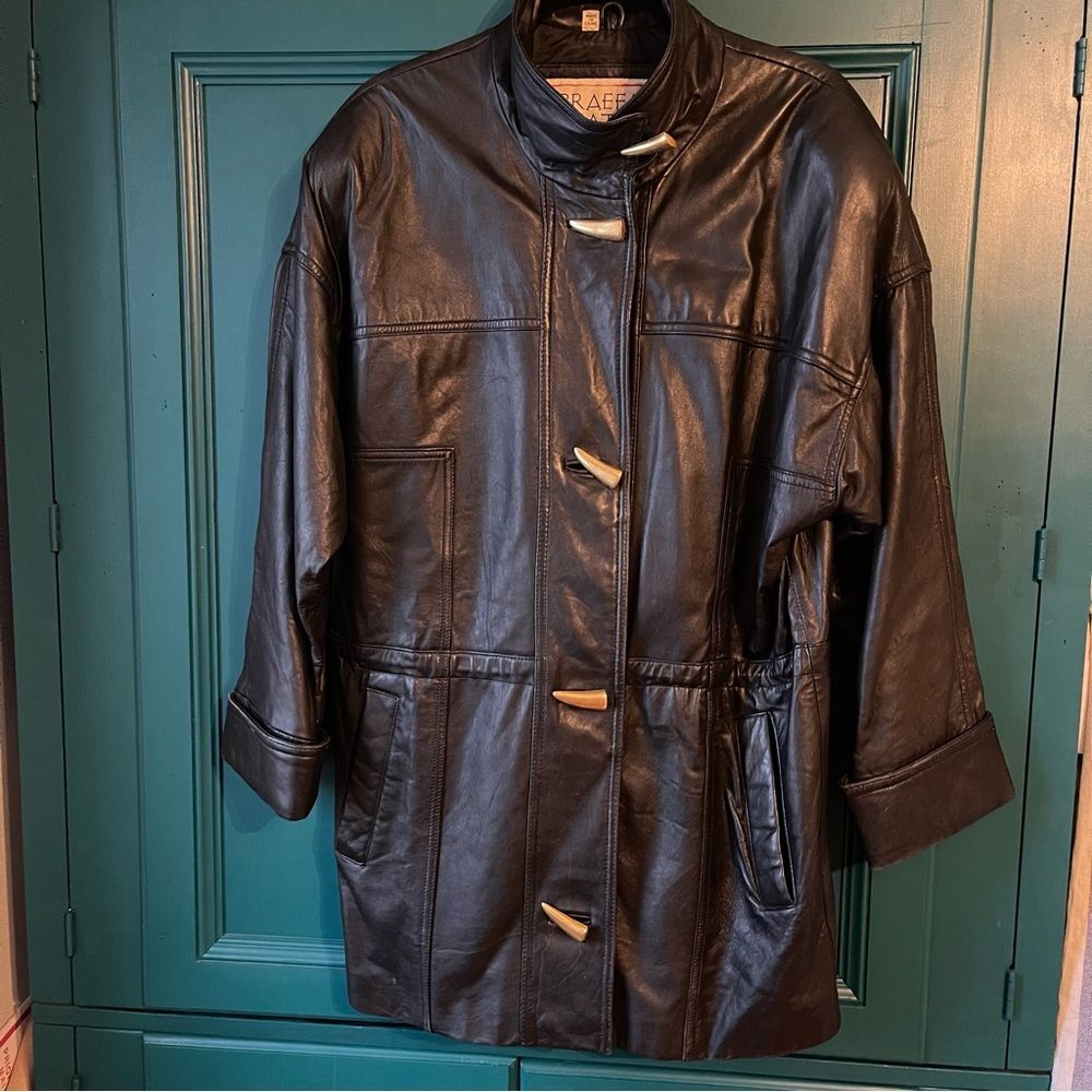 VINTAGE 90s Braefar Black Leather Toggle Trench Coat Sz Sm / Med
